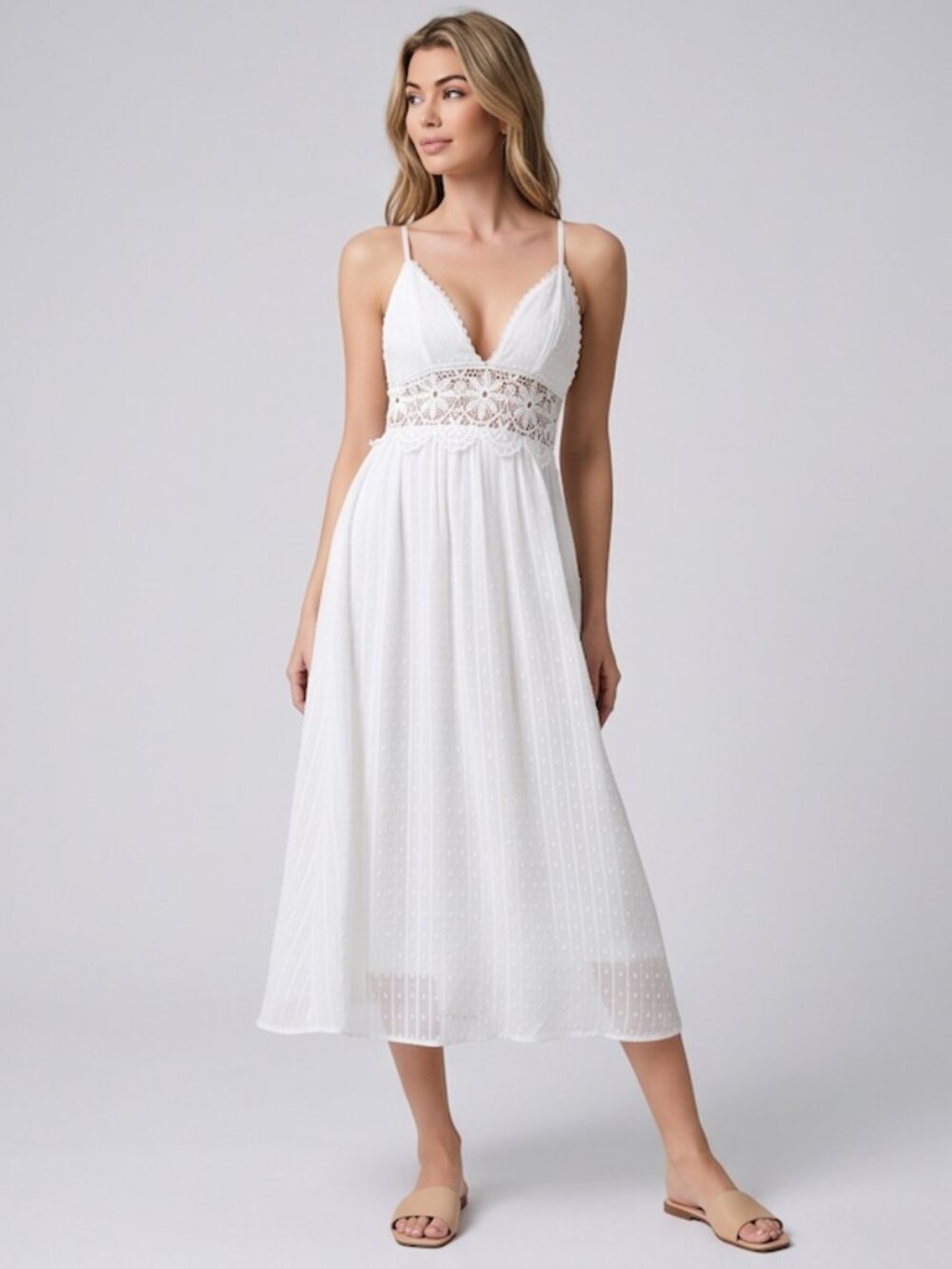 Boho White Swiss Dot Midi Dress with Crochet Lace Waist